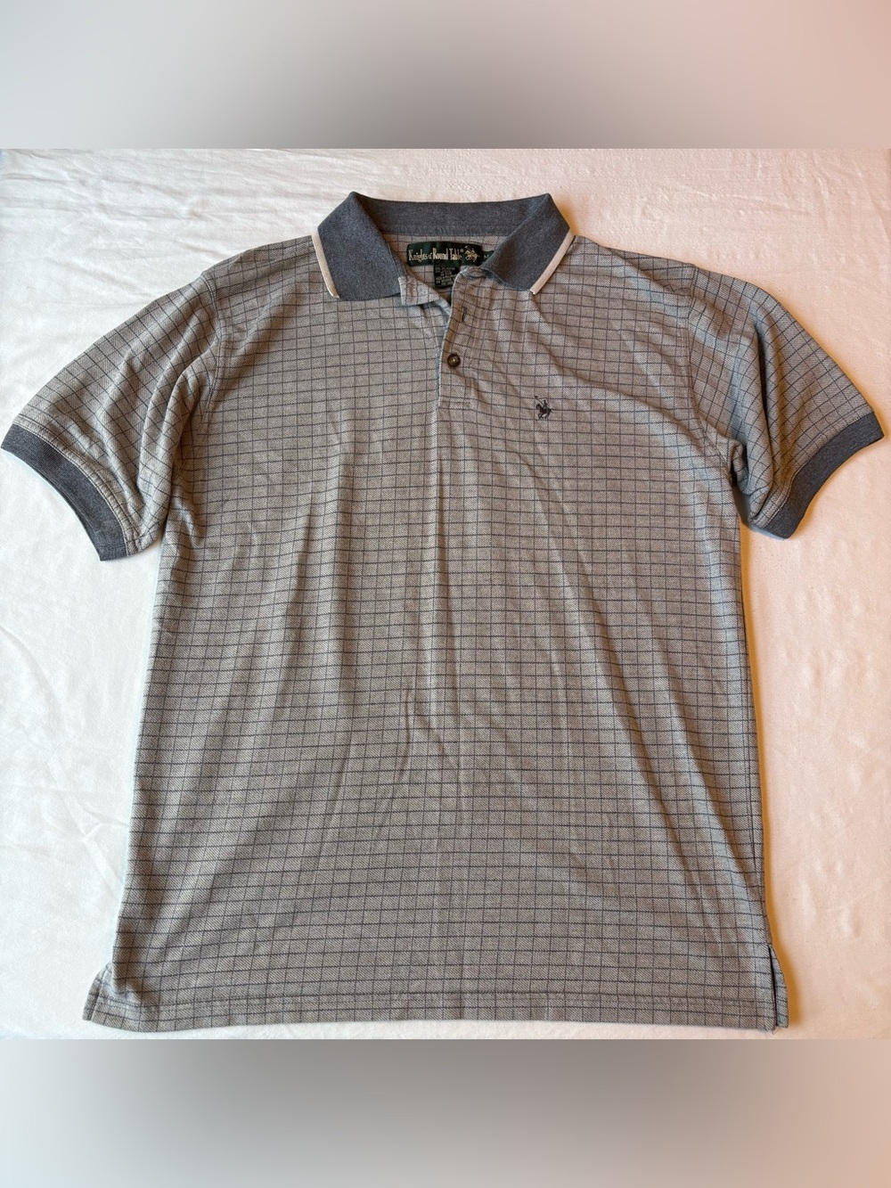 Vintage Men's Knights of Round Table Polo Shirt- Grey Grid Pattern- Size M